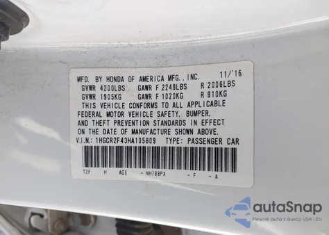 2017 Honda Accord Lx z USA, uszkodzony, nr VIN 1HGCR2F43HA105809